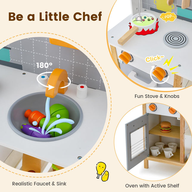 Costzon Kids Kitchen Playset, Wooden Pretend Little Chef Cooking Toy Set with Sink, Faucet, Stove