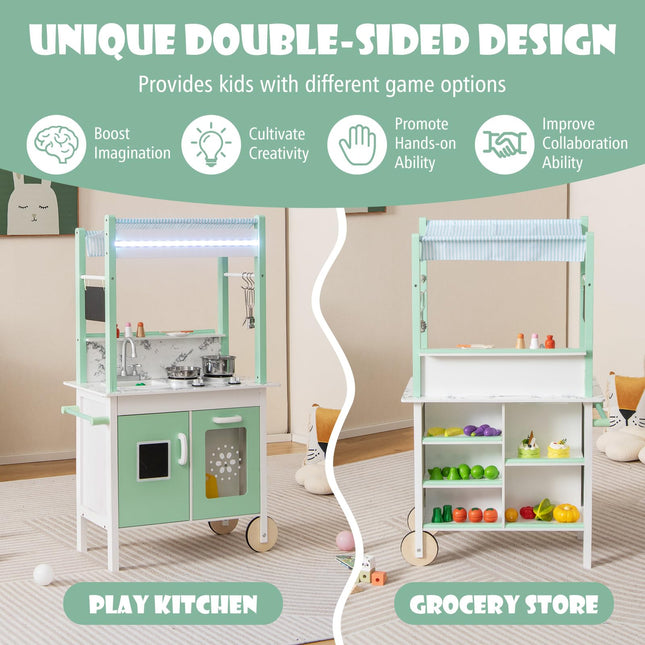Costzon Double-Sided Play Kitchen & Grocery Store, 2-in-1 Wooden Kids Kitchen Playset