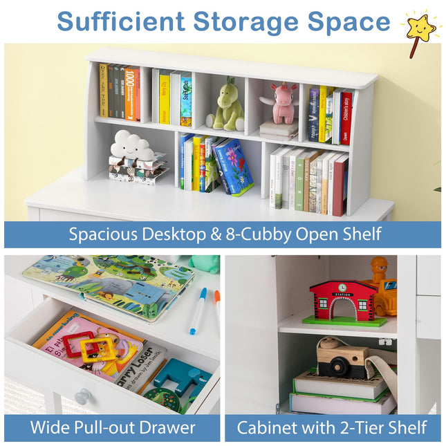 Costzon Kids Desk and Chair Set, Wooden Kids Study Desk with Hutch