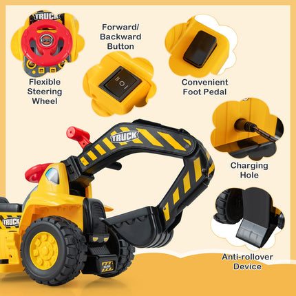 Costzon 6V Ride On Construction Excavator, Outdoor Digger Scooper Tractor Toy W/Safety Helmet