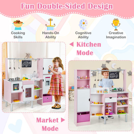 Costzon 2-in-1 Kids Kitchen Playset & Grocery Store, Double-Sided Pretend Play Kitchen with Light & Sound