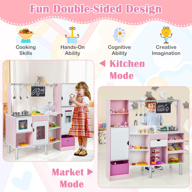 Costzon 2-in-1 Kids Kitchen Playset & Grocery Store, Double-Sided Pretend Play Kitchen with Light & Sound
