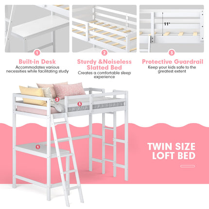 Costzon Loft Bed with Desk, Wooden Twin Size Loft Bed