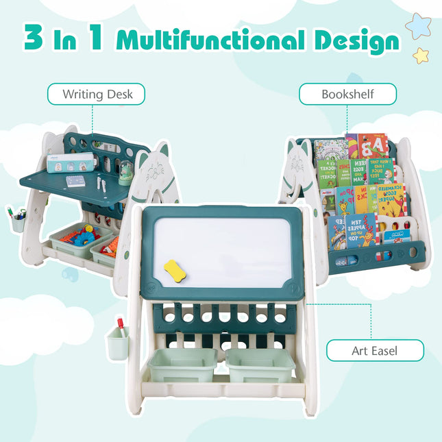 Costzon 3 in 1 Kids Art Easel, Double-Sided Magnetic Dry Erase Board, Adjustable Standing Easel