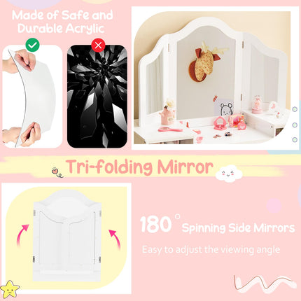 Costzon Kids Vanity, 2 in 1 Princess Makeup Desk & Chair Set with Tri-Folding Mirror, 4 Storage Bins