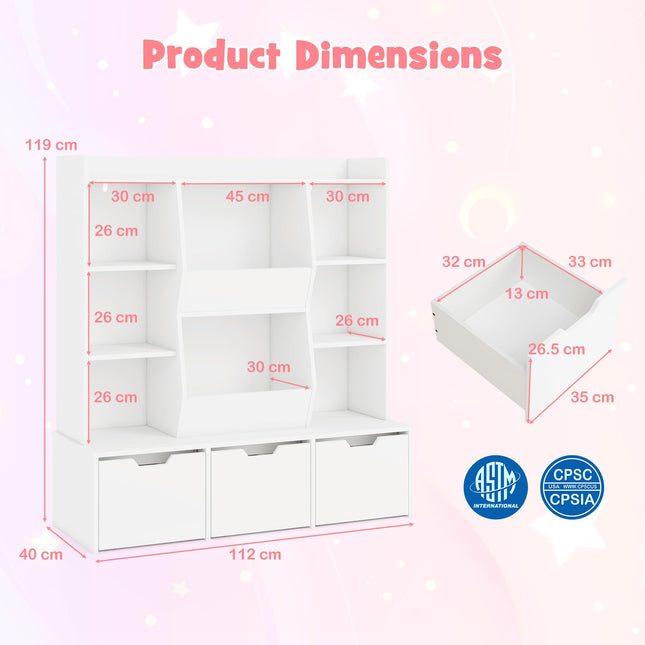 Costzon Large Kids Bookcase with 3 Movable Drawers & 8 Storage Cubbies