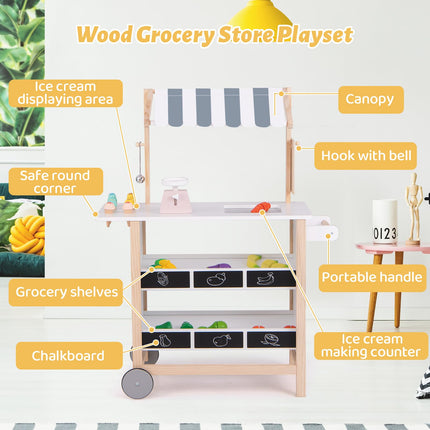 Costzon Kids Pretend Play Grocery Store, Wooden Ice Cream Cart Toy Set for Kids with Ice Cream Making Counter