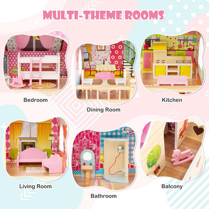 Costzon Dollhouse, Toy Family House with 15 pcs Furniture, DIY Pretend Doll House