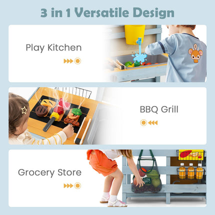 Costzon Mud Kitchen, 3-in-1 Double-Sided Kids Kitchen, BBQ Grill & Grocery Playset with Sink, Faucet