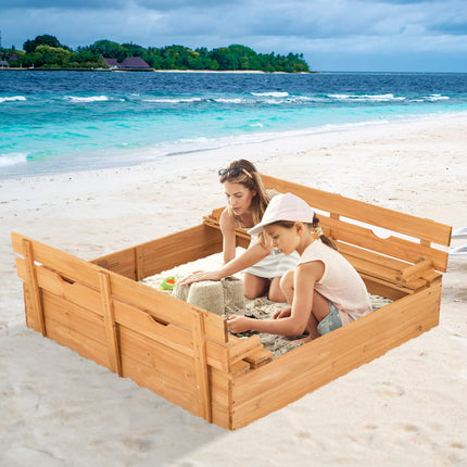 Costzon Kids Sandbox with Lid, 47 x 47in Sand Pit w/ 2 Convertible Bench Seats & Protective Bottom Liner