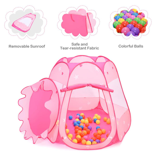 Costzon Princess Pop Up Tent w/ 100 Balls Included, Foldable Portable Children Play Tent with Carrying Bag