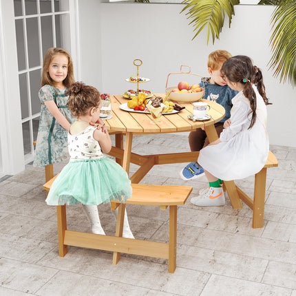 Costzon 6 Person Kids Picnic Table, Fir Wood Round Picnic Table with 3 Built-in Benches