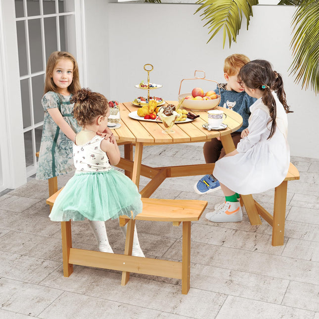 Costzon 6 Person Kids Picnic Table, Fir Wood Round Picnic Table with 3 Built-in Benches