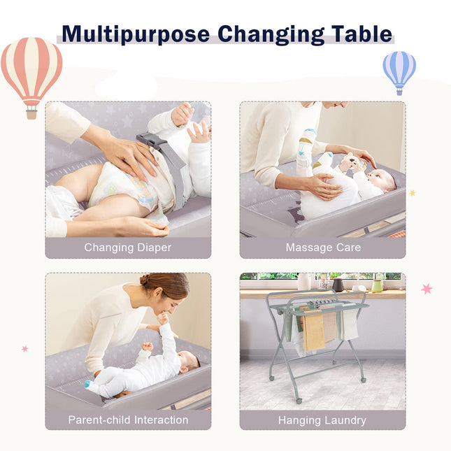 Costzon Portable Changing Table, Mobile Baby Changing Table with Wheels, Safety Belt, Large Storage Basket