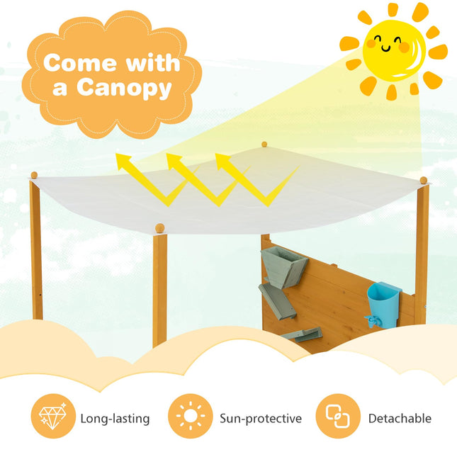 Costzon Kids Sandbox with Sand Wall, Wooden Sandpit w/Removable Canopy, Water Bucket