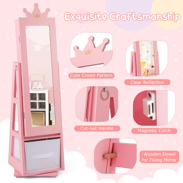 Costzon Kids Jewelry Armoire, 360° Swivel Jewelry Cabinet with Full Length Mirror