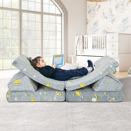Costzon Convertible Kids Couch, Glow in Dark, 6-Piece Modular Sofa Playset with 4 Base Cushions & 2 Triangular Pillows, Grey