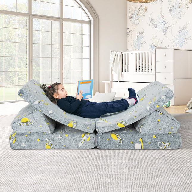 Costzon Convertible Kids Couch, Glow in Dark, 6-Piece Modular Sofa Playset with 4 Base Cushions & 2 Triangular Pillows, Grey