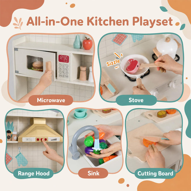 Costzon Wooden Play Kitchen for Kids w/Lights & Sounds | Interactive Pretend Kids Kitchen Playset