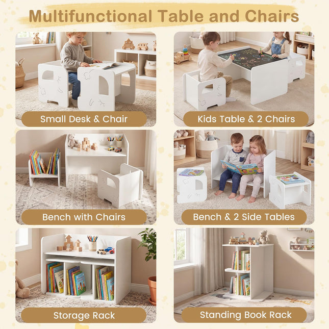 Costzon 3 PCS Kids Table and Chairs All in One Wooden Montessori Desk Set