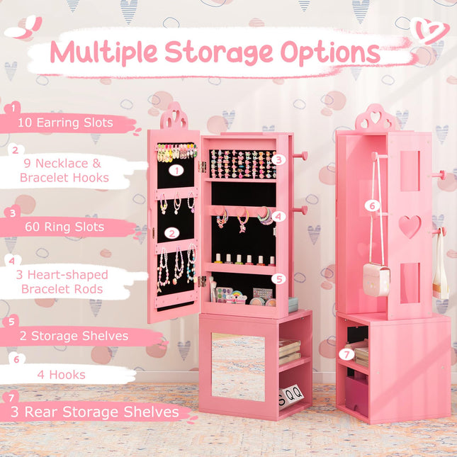 Costzon Kids Vanity & Jewelry Armoire Cabinet, Wooden Kids Vanity Table and Chair Set