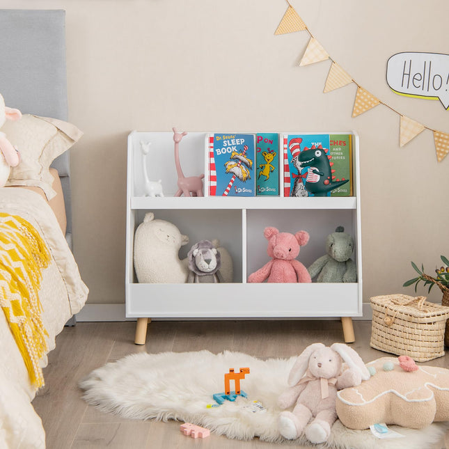 Costzon Toy Organizers and Storage with Bookshelf, 5 Cubbies Wooden Toy Cabinet and Montessori Bookcase w/Solid Legs
