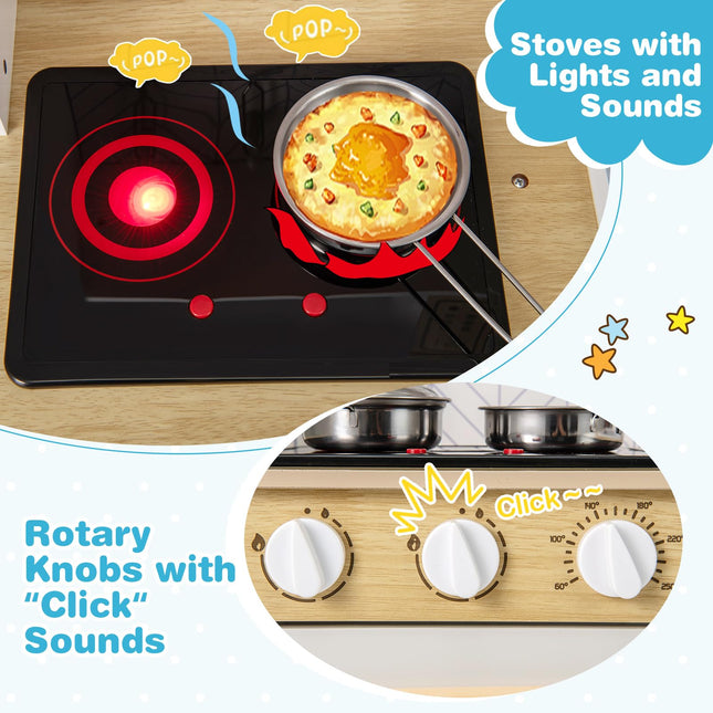 Costzon Kids Kitchen Playset, Wooden Pretend Play Kitchen with Lights and Sounds