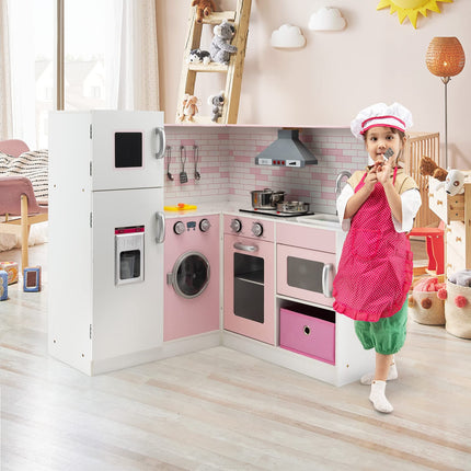 Costzon Kids Corner Kitchen Playset, Wooden Pretend Play Kitchen Toy Set