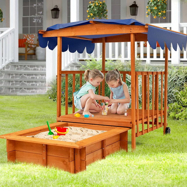 Costzon Kids Retractable Sandbox with Canopy, Wooden Cedar Cabana Playhouse w/Large Play Area