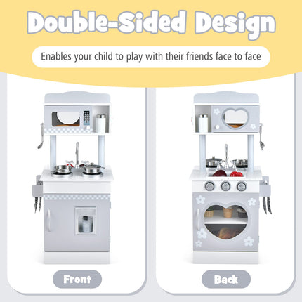Costzon Kids Kitchen Playset, Double-Sided Wooden Play Kitchen Toy Set, Pretend Chef Cooking Set for Toddlers