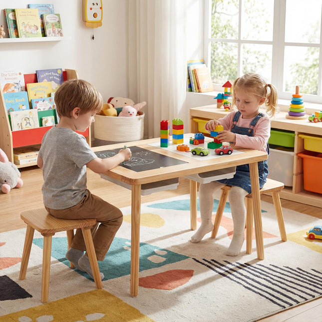 Costzon Wooden Sensory Table and Chairs w/Double-Sided Boards & 2 Foldable Storage Bins