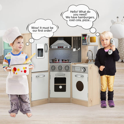 Costzon Kids Corner Kitchen Playset, Wooden Pretend Play Kitchen Toy Set