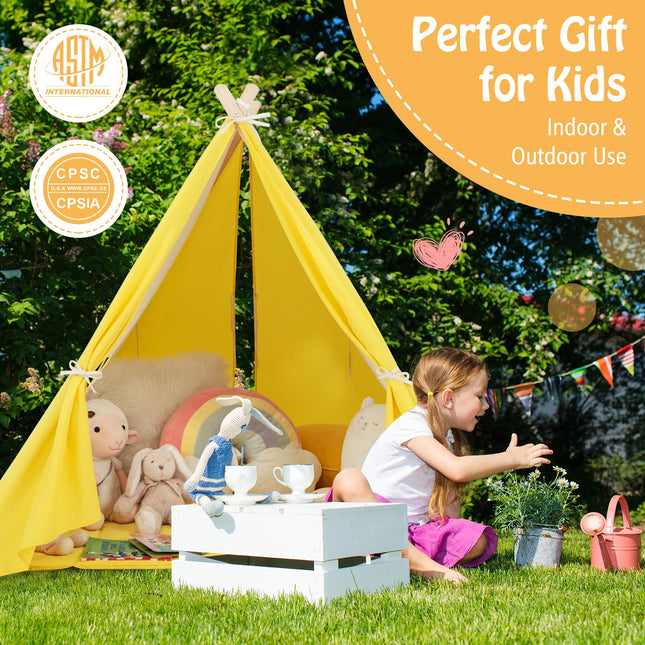 Costzon Teepee Tent for Kids, Pine Wood Frame Triangular Playhouse w/Cute Windows