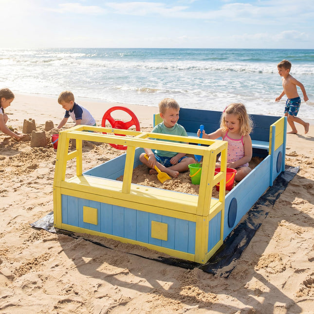 Costzon Sandbox Fir Wood Car-Theme Sand Pit