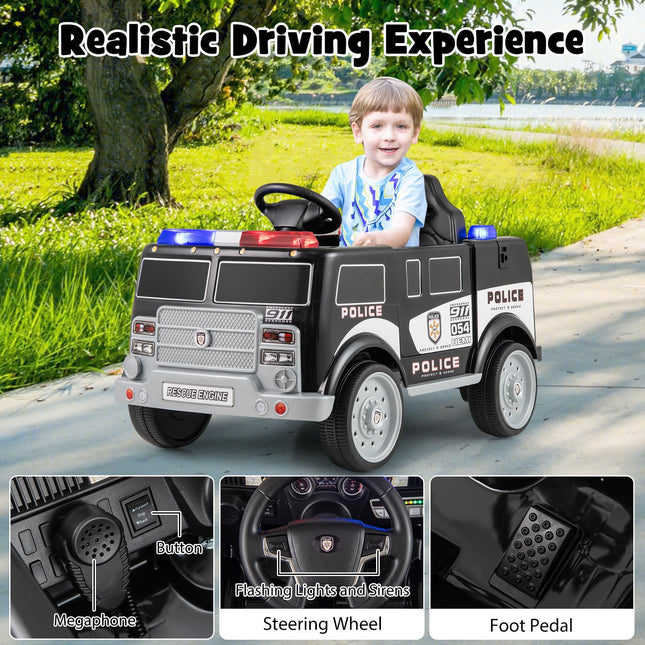 Costzon Ride on Police Car, 12V Battery Powered Electric Cop Cars for Kids w/3 Speeds, Megaphone