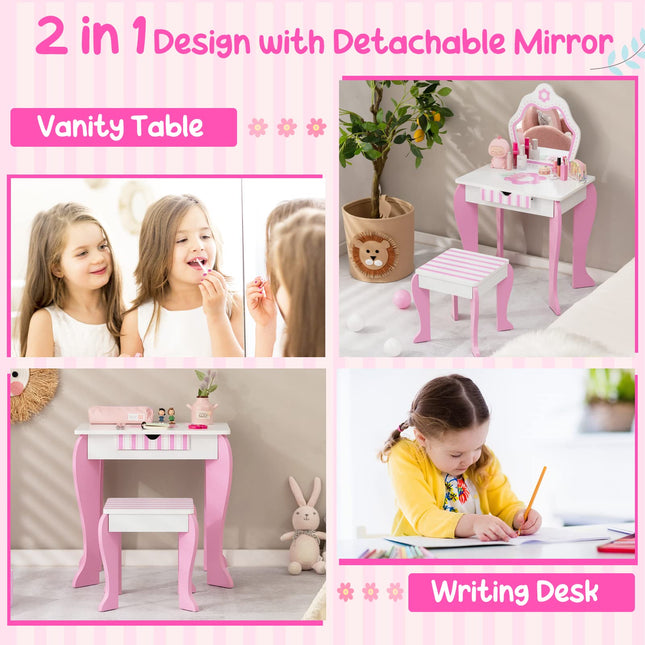 Costzon Kids Vanity Girls Vanity Set with Mirror and Stool