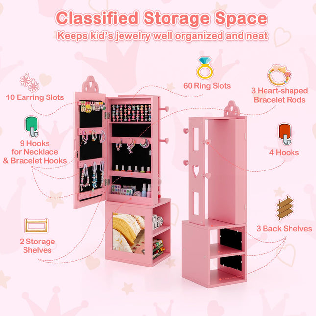 Costzon Kids Jewelry Armoire Cabinet, 46" Standing Jewelry Organizer with Full-Length Mirror