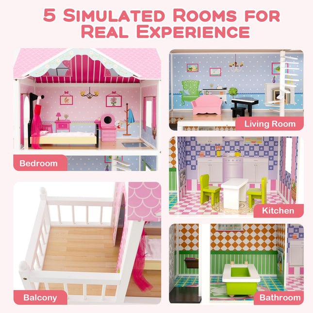 Costzon Wooden Dollhouse for Kids, 3-Story Semi-Open Doll House with 5 Rooms & 10 Pieces Furniture Set