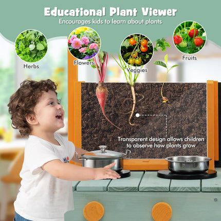 Costzon Mud Kitchen, Wooden Kids Kitchen Playset with See-Through Planter Box, Blackboard