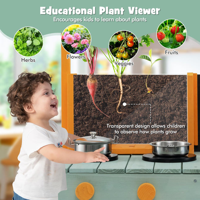 Costzon Mud Kitchen, Wooden Kids Kitchen Playset with See-Through Planter Box, Blackboard