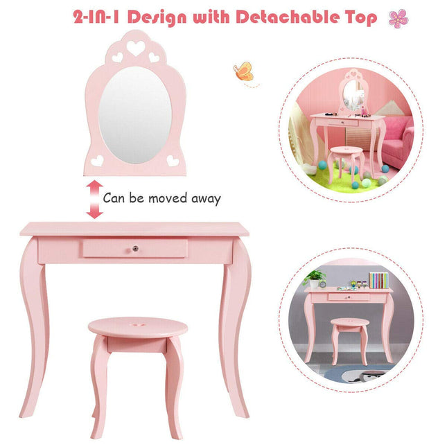 Costzon Kids Vanity Table 2 in 1 Detachable Design with Dressing Table and Writing Desk