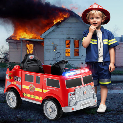 Costzon Kids Ride on Fire Truck, 12V Battery Powered Fire Car w/Remote Control, Extinguisher