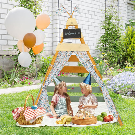 Costzon Kids Tent, Wooden Indoor Outdoor Triangle Hideaway Playhouse with Machine Washable Flags