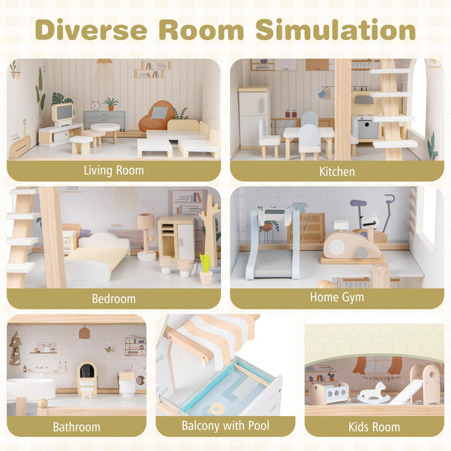 Costzon Wooden Dollhouse Kids DIY Pretend Playhouse