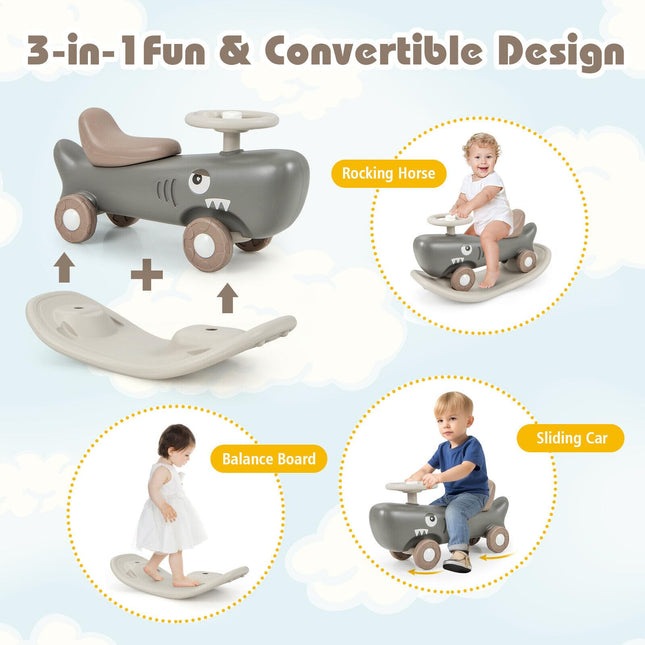 BABY JOY 3 in 1 Rocking Horse, Ride On Push Car for Toddlers, Shark Rocking Sliding Toy Set for Boys Girls