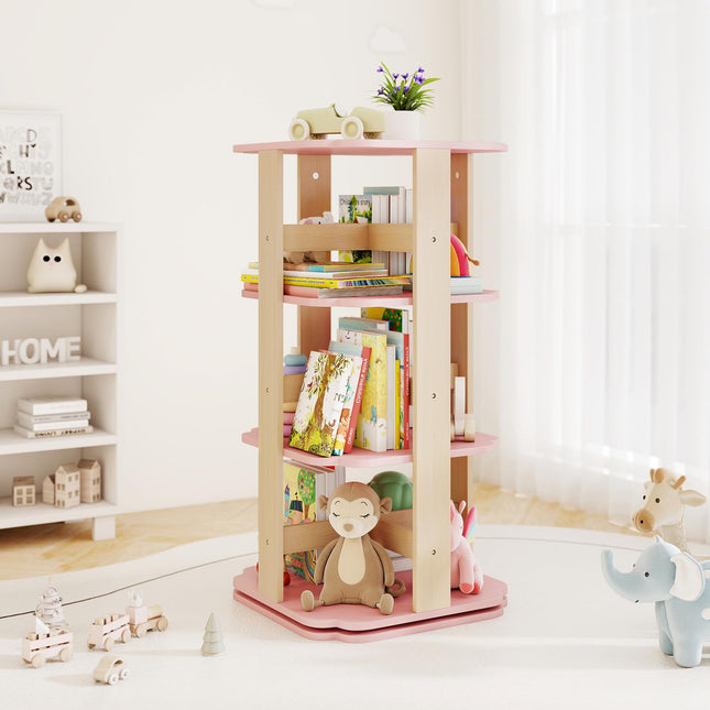 Costzon Kids Rotating Bookshelf 360° Spinning 3-Tier Corner Bookshelf(Pink classic)