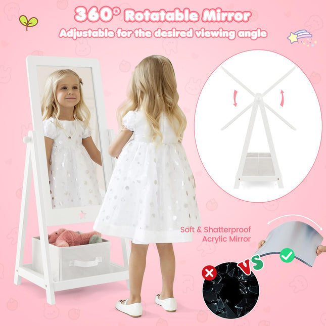 Costzon Kids Full Length Mirror, Princess Floor Free Standing Mirror w/Storage Shelf & Basket (White)