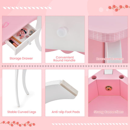 Costzon Kids Vanity Table and Chair Set, Girls Vanity Set with Mirror and Stool, Storage Drawer