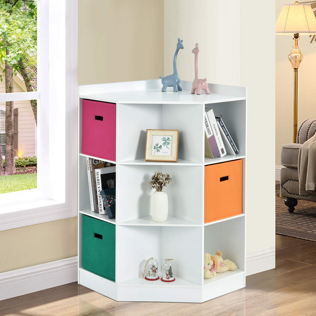 Costzon 9-Cubby Kids Bookcase, Children's Corner Cabinet with 6 Cubes and 3 Shelves, Wooden Toy Organizers and Storage Book Shelves