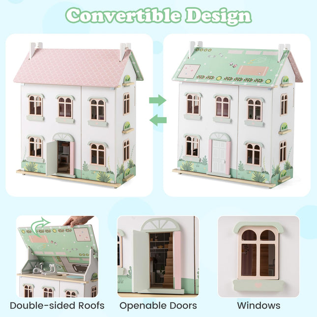 Costzon Wooden Dollhouse for Kids, 3-Level Dollhouse Playset with Double-Sided Roofs